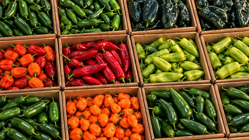 Assorted fresh peppers in boxes,