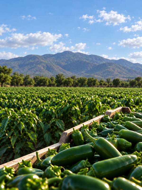 Freshly picked green peppers beside cultivated fields